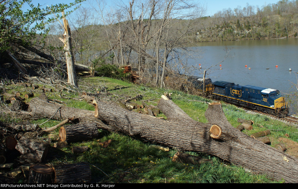 Eastbound passes behind your album author's yard five days after the tornado that roared thru Lynchburg and into Amherst County